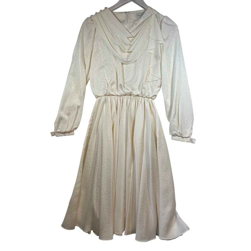 Ever Sun Vintage 80s Cream Jacquard Midi Dress Asymmetric Drape Ruffle Womens